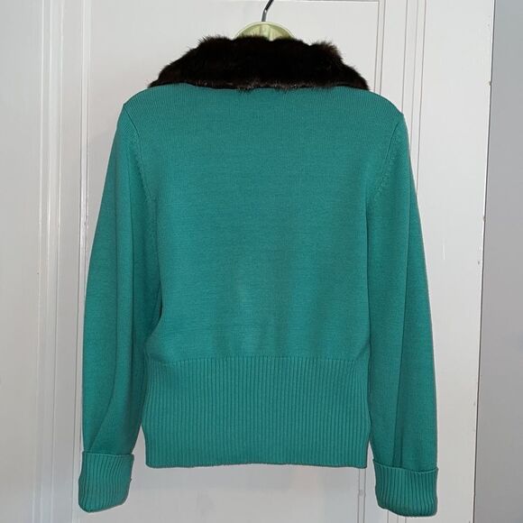 Ivy Jane light green acrylic/cotton/spandex cardigan/brown faux fur collar - Picture 6 of 8